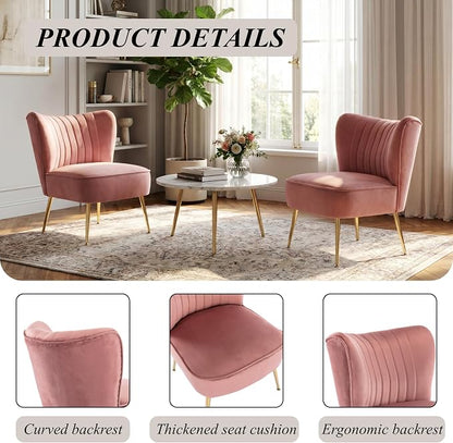 Velvet Accent Chairs Set of 2 Comfy Living Room Chair Armless Slipper Chair Mid - Image 5