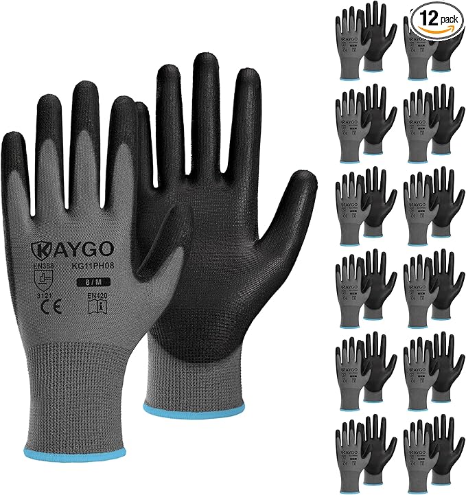 KAYGO Safety Work Gloves PU Coated-12 Pairs KG11PB Seamless Knit Glove with Polyurethane Coated Smooth Grip on Palm & Fingers for Men and Women, Gray Medium