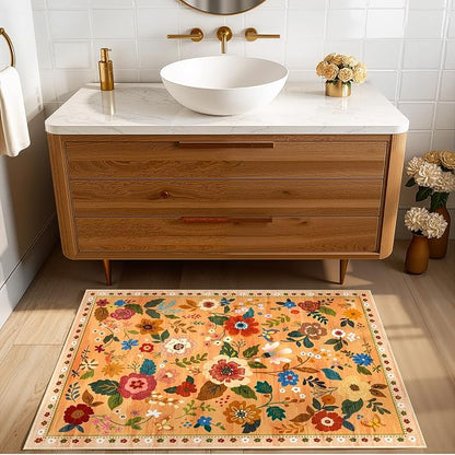 RELEANY Floral Washable 2x3 Area Rugs Doormat Yellow/Orange/Red | Flower Carpet - Image 8