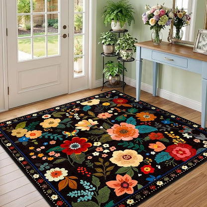 RELEANY Floral Washable Square 4ft Area Rug Black | Flower Carpet Print Boho by RELEANY