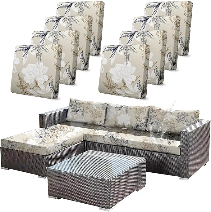 CALBODE 8Pcs Outdoor Stretch Cushion Covers, Waterproof Outdoor Chair Floral by CALBODE