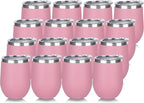 DOMICARE Stainless Steel Wine Tumbler Bulk with Lid, Personalized Insulated Tumblers Set, 12oz Travel Coffee Cups Pack of 16, Pink