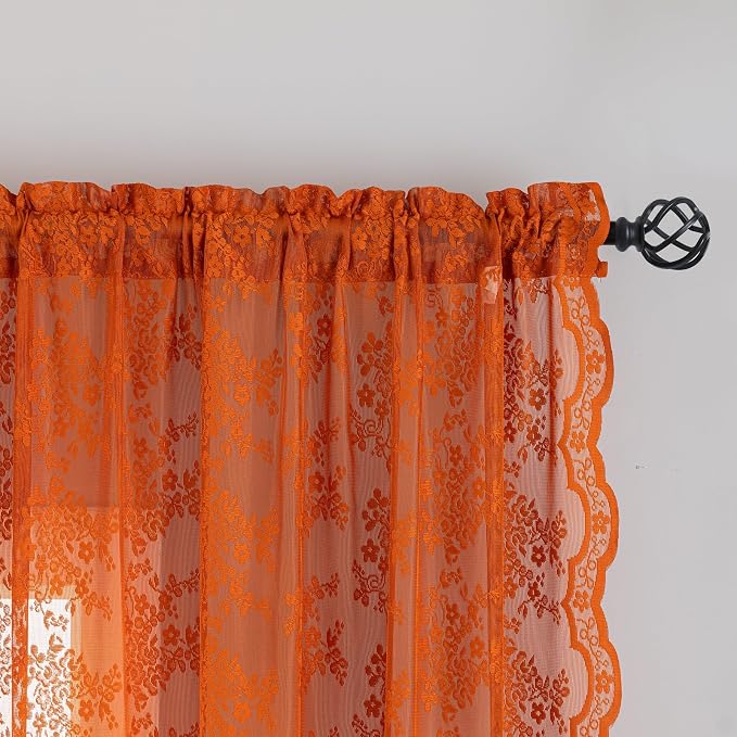 YJ YANJUN Vintage Lace Curtains 96 Inches Long- Rust Floral Terracotta Bay - Image 3