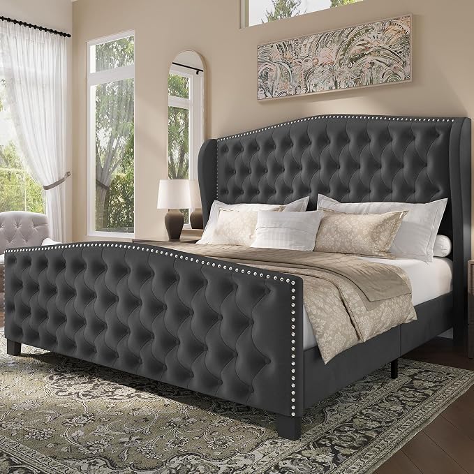 BRELTAM Upholstered King Size Bed Frame Velvet Tufted Bed Frame by Breltam