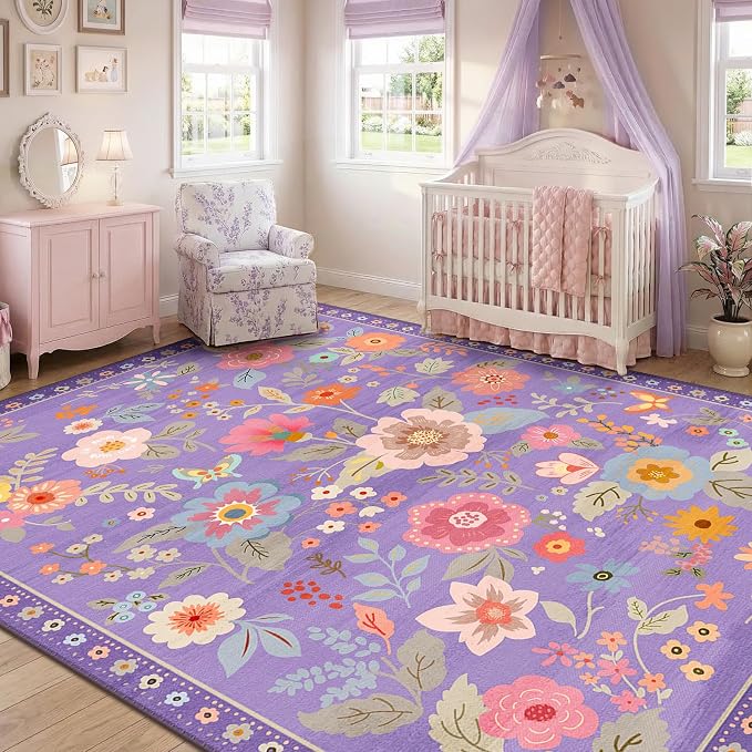RELEANY Floral Washable 7x9 Area Rugs Purple/Pink | Flower Carpet Print Boho - Image 2
