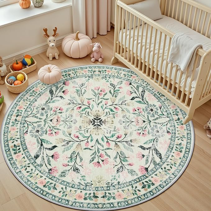 PLHXFR Round Area Rug Living Room: 6 ft Floral Washable Carpet Green Beige | - Image 5