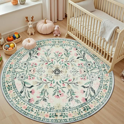 PLHXFR Round Area Rug Living Room: 6 ft Floral Washable Carpet Green Beige | - Image 5