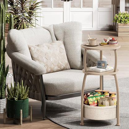 Small Side Table with Storage Basket, Space Saving Round End Table 3-Tier - Image 7