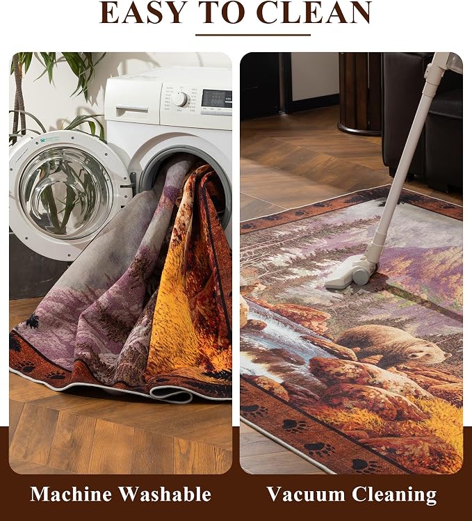 Rustic Cabin Area Rug for Bedroom 5x7, Machine Washable Woodland Bear Rug - Image 6