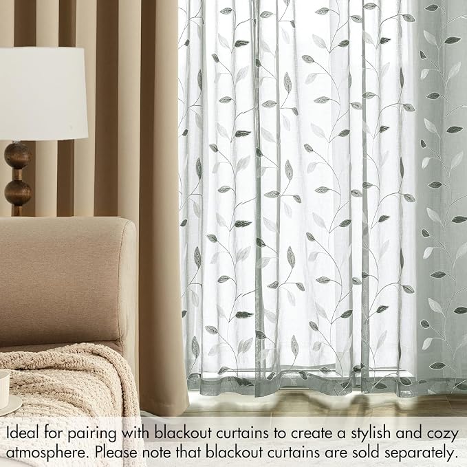MIULEE Sage Sheer Curtains 2 Panels Embroidered Leaf Patterned, W52 x L96 | - Image 7