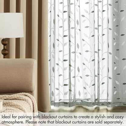 MIULEE Sage Sheer Curtains 2 Panels Embroidered Leaf Patterned, W52 x L63 | - Image 7