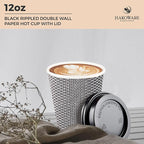[100 SET]Harvest Pack 12 oz Disposable Coffee Cups, Insulated Ripple Double-Walled Paper Cups with Lids, Black and White Geometric, Drinking Cups for Tea Hot Chocolate Drinks To go coffee cups