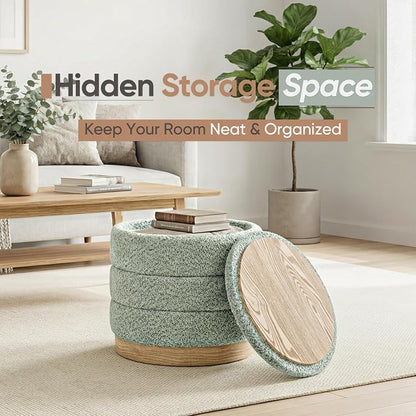 Round Storage Ottoman with Reversible Tray Lid, Folding Chenille Fabric - Image 4