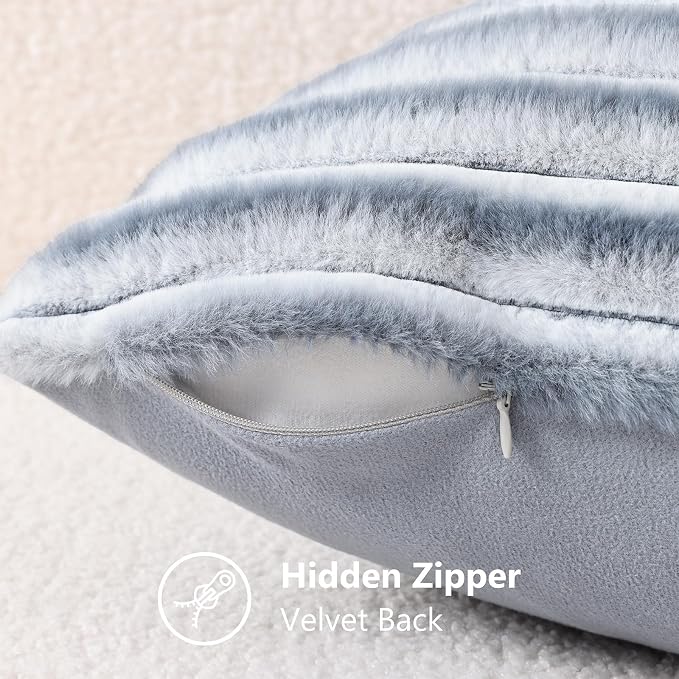 decorUhome Fall Faux Fur Throw Pillow Covers 12x20 Set of 2 Grey White | - Image 8