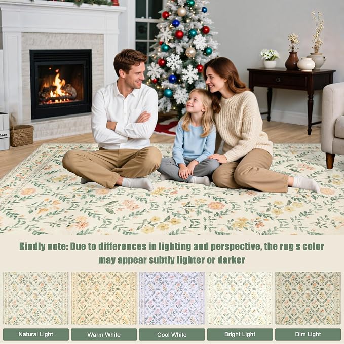 PLHXFR Round Area Rug Living Room: 4 ft Floral Washable Carpet Beige Multi | - Image 9