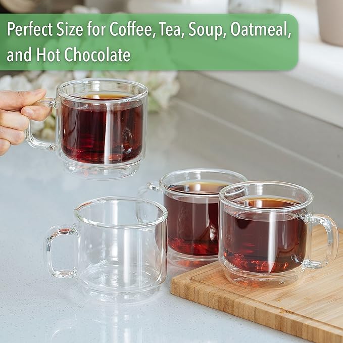 BTaT- Stackable Insulated Coffee Mugs, Glass Tea Mugs, Set of 4 (12 oz, 350 ml), Double Wall Glass Coffee Cups, Tea Cups, Latte Cups, Beer Glasses, Latte Mug