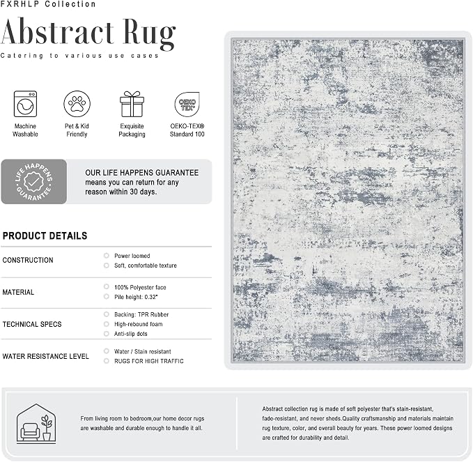 Area Rug Living Room: 8x8 Modern Washable Soft Carpet Blue Grey | - Image 3