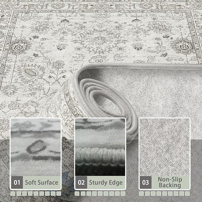 Grey Floral Area Rug 4x6 for Bedroom Dining Room | Boho Style; Low Pile; Non - Image 5