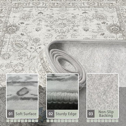 Grey Floral Area Rug 8x10 for Living Room Bedroom | Non Slip; Stain Resistant; - Image 4