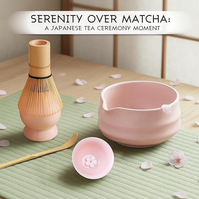 Pink Matcha Set, 8 Pcs Matcha Whisk Set with Porcelain Sakura Tea Cup, Matcha Bowl, Whisk and Holder, Bamboo Scoop, Scoop Rest, Sifter, Tea Mat - Gift for Matcha Lover