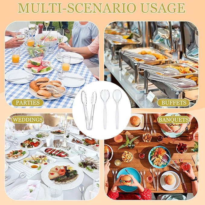 Dualshine 24 Pcs Disposable Clear Plastic Serving Utensils, 8 Set Including Plastic Serving Spoons, Tongs, and Forks for Dinner Parties, Buffets, Banquets, Events, Weddings, and Daily Use