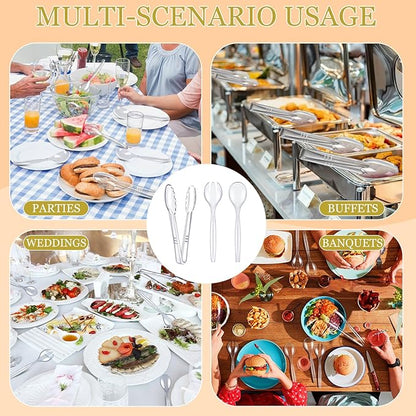 Dualshine 24 Pcs Disposable Clear Plastic Serving Utensils, 8 Set Including Plastic Serving Spoons, Tongs, and Forks for Dinner Parties, Buffets, Banquets, Events, Weddings, and Daily Use