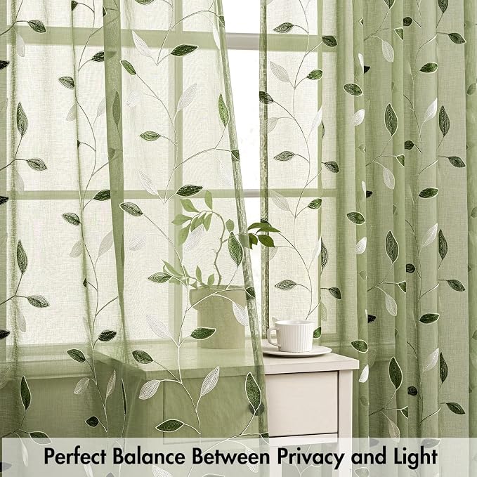 MIULEE Sage Green Sheer Curtains 2 Panels Leaf Patterned, W52 x L96 | - Image 5