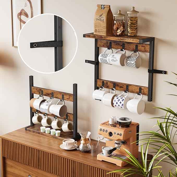 Homeiju 14-Hook Large Coffee Mug Holder for Countertop/Wall Mounted,4 Tier Coffee Cup Holder with Top & Bottom Storage Shelf,Adjustable Hook & Shelves,Mug Tree for Home Bar,Coffee Station