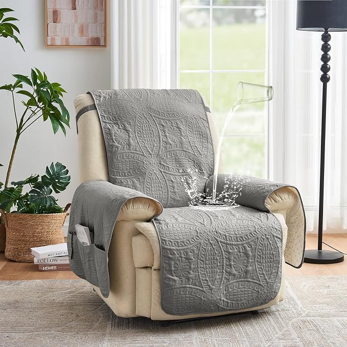 Gray Quilted Recliner Chair Covers, Waterproof Recliner Slipcovers, Lazy Boy - Image 2