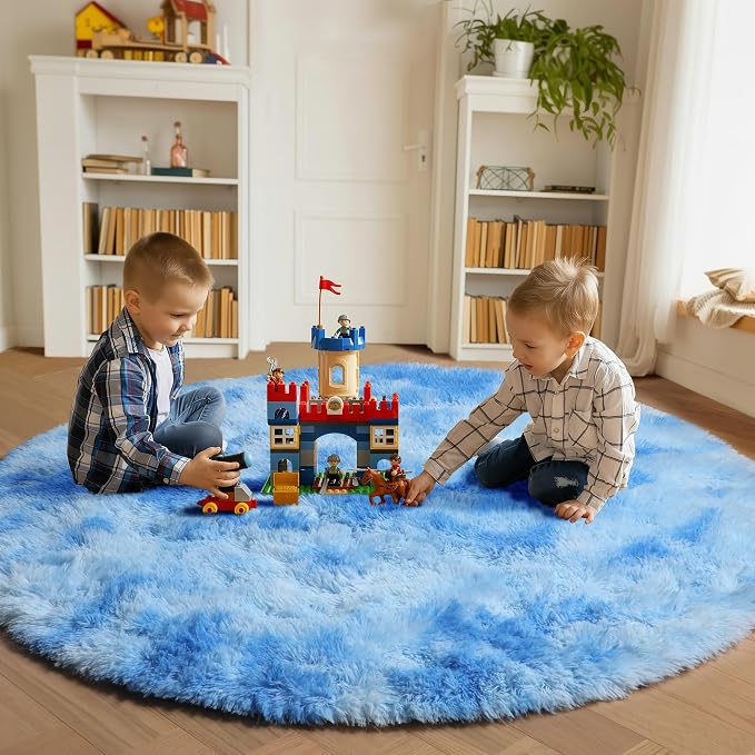 Round Rugs 6ft for Living Room Bedroom, Tie-Dye Blue Fluffy Circle Area Rug for - Image 4