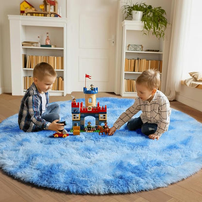 Tie-Dye Blue Round Rug 4ft, Fluffy Soft Circle Area Rugs - Image 3
