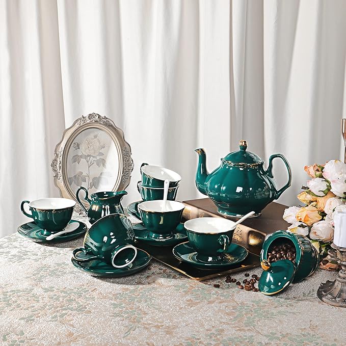 fanquare 21 Piece Vintage Porcelain Tea Set, Green with Gold Trim Fine China Tea Sets for Party, Teapot with Tea Cup and Saucers Set for 6, Christmas Gifts