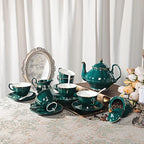 fanquare 21 Piece Vintage Porcelain Tea Set, Green with Gold Trim Fine China Tea Sets for Party, Teapot with Tea Cup and Saucers Set for 6, Christmas Gifts