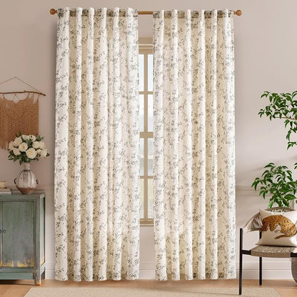 Grey Vintage Floral Linen Curtains Farmhouse 50W X 84L 2 Panels | Elisa Series - Image 2