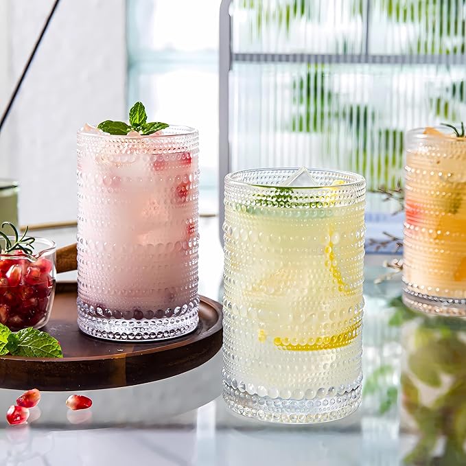 4 Pcs Iced Coffee Glasses Cups with Glass Lids and Straws,12 oz Thick Emboss Beaded Drinking Glass Cup Set,Latte Glasses,Ideal for Water,Soda,Gift - with Cleaning Brushe