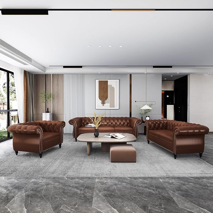 Chesterfield Loveseat Sofa, Modern 2 Seater Couch Leather Small Love Seat Sofa - Image 3