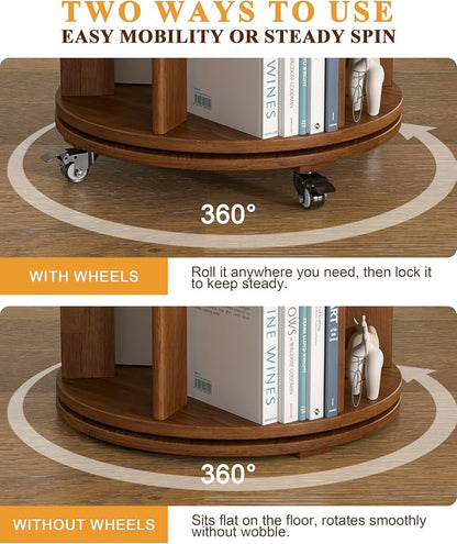 4-Tier Solid Wood Rotating Bookshelf on Wheels, 360° Spinning Book Shelf Tower - Image 5
