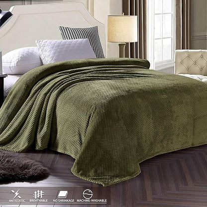 Exclusivo Mezcla Soft Waffle Fleece Bed Blanket Queen Size, Olive | Lightweight - Image 3