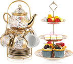Maxcheck 21 Pcs Tea Party Set for Adults European Floral Tea Set with Metal Holder and 3 Tier Ceramic Cake Stand Porcelain Flower Cup Teapot for Dessert Cupcake(Stylish Style)