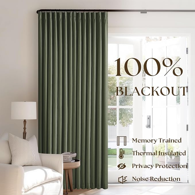 Olive Green Pleated 100% Blackout Linen Curtains 84 Inch Length | Room Darkening - Image 3
