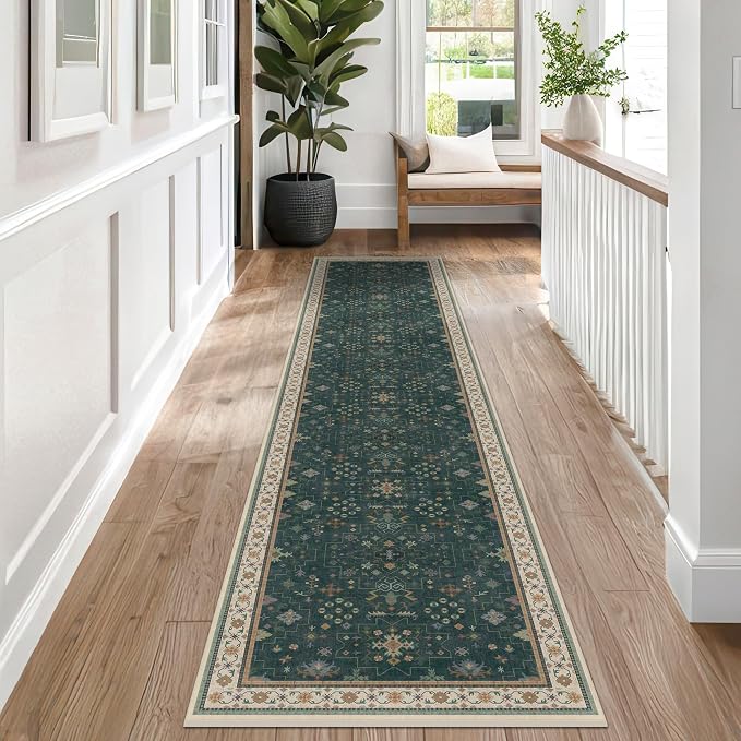 Dark Green Hallway Runner Rug 12 ft Long by HazoHaus