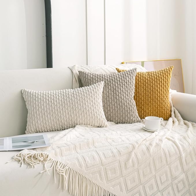 Set of 4 Cream White Decorative Throw Pillow Covers 20x20 Inch Corduroy Pillow - Image 3