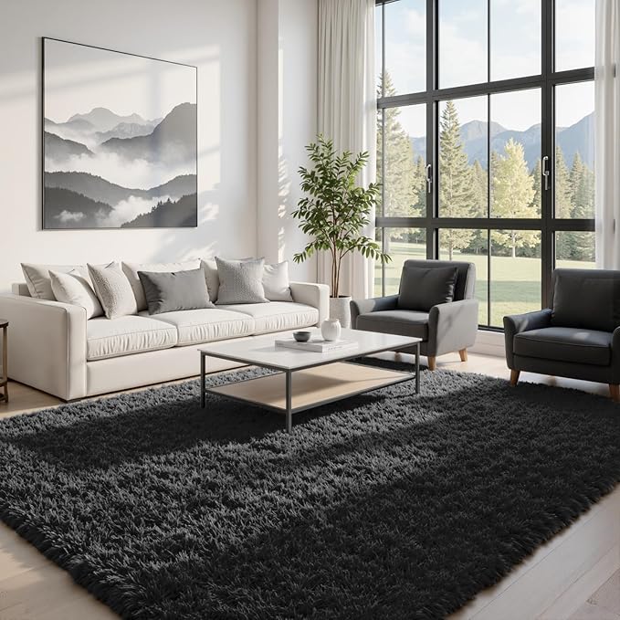 8x10 Fluffy Shag Area Rugs for Living Room Bedroom: Soft Plush Carpet Black | - Image 2