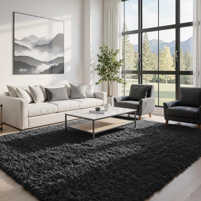 5x8 Fluffy Shag Area Rugs for Living Room Bedroom: Soft Plush Carpet Black | - Image 2
