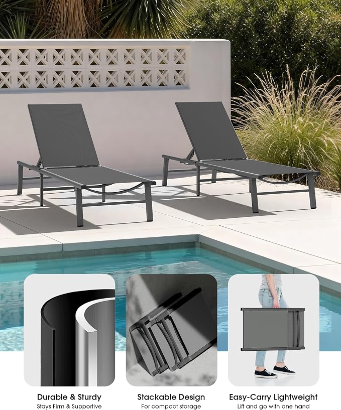 Ciokea Foldable Outdoor Lounge Chair Set of 4, No Assembly Aluminum Chaise - Image 5