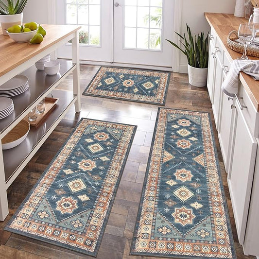 HEBE Boho Kitchen Rugs Set of 3, Non Slip Washable Kitchen Mats by HEBE