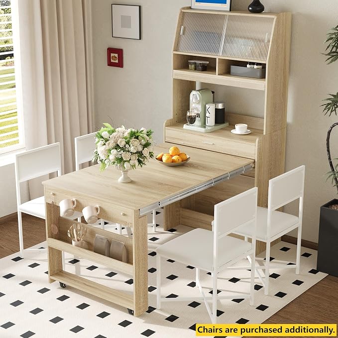 Compact Buffet with Hutch and Foldable Dining Table, 2-in-1 Buffet - Image 3