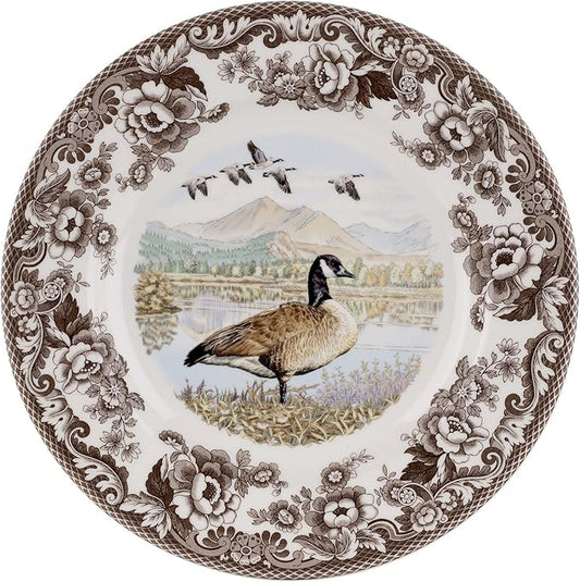 Spode Woodland Canadian Goose Dinner Plate - 10.5 Inch Fine Earthenware with British Flowers Border, Microwave, Oven, Freezer & Dishwasher Safe - Hunting-Inspired Thanksgiving Plate, Made in England