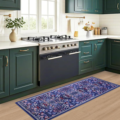 PLHXFR 2x6 Washable Runner Rug：Floral Indoor Kitchen Soft Carpet Blue | - Image 6