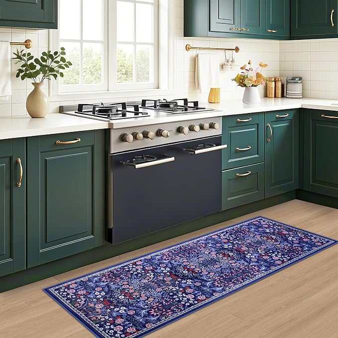 PLHXFR 2x5 Washable Runner Rug：Floral Indoor Kitchen Soft Carpet Blue | - Image 5